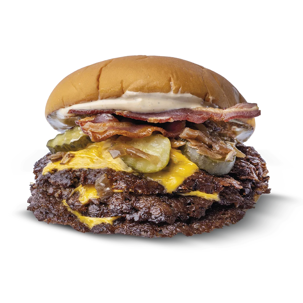 Smash burger Licky Fingers con carne, cheddar, pane potato bun, ketchup e cetriolini